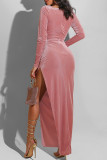 ピンクのファッションセクシーなソリッドスリットスクエアカラー長袖ドレス
