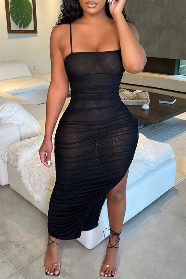 Zwarte sexy effen doorschijnende backless spleet spaghettiband mesh jurk