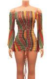 Multicolor Fashion Sexy Striped Print Backless Off the Shoulder Long Sleeve Dresses