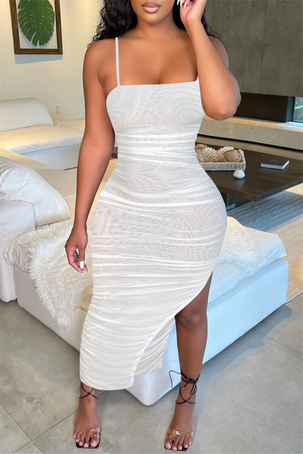 Vestido de malla con correa de espagueti y abertura sin espalda transparente sólido sexy blanco