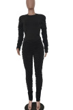 Black Casual Solid Patchwork Fold O Neck Long Sleeve Two Pieces
