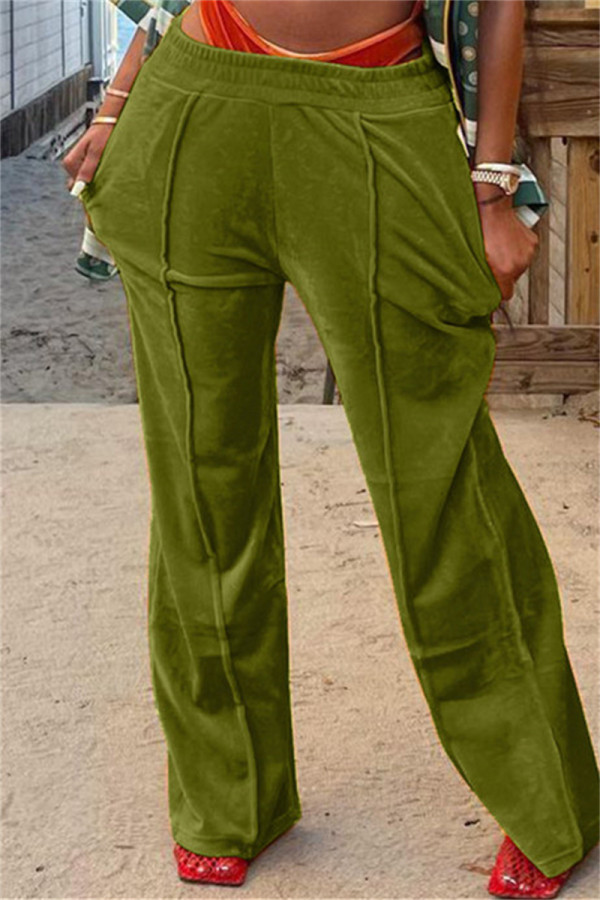 Зеленые модные повседневные однотонные базовые стандартные со средней талией обычные однотонные штаны