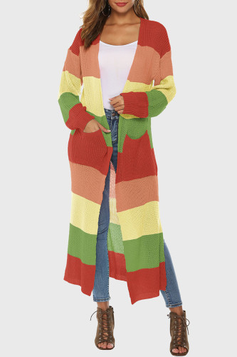 Orange Green Casual Striped Print Patchwork Slit Outerwear