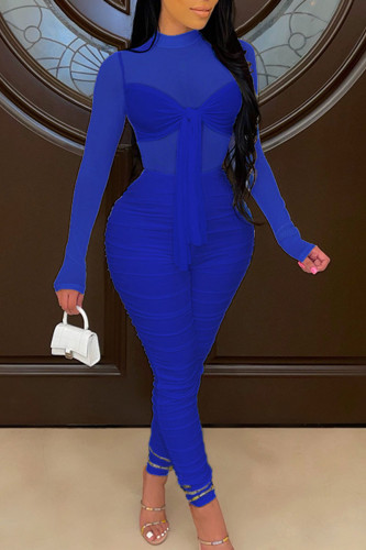 Blue Sexy Solid Bandage Patchwork See-through Fold O Neck Skinny Jumpsuits