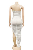White Sexy Solid See-through Backless Slit Spaghetti Strap Mesh Dress