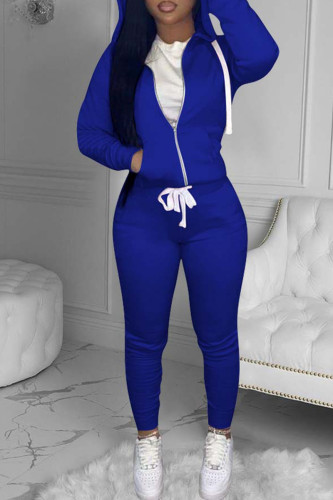 ブルーファッションカジュアルソリッドベーシックフード付きカラー長袖ツーピース