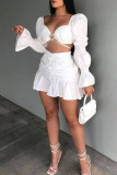 White Sexy Casual Solid Patchwork V Neck Long Sleeve Two Pieces