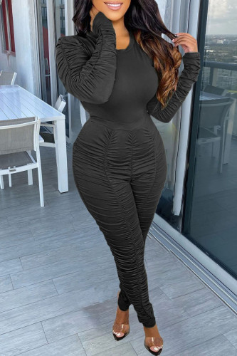 Black Casual Solid Patchwork Fold O Neck Long Sleeve Two Pieces