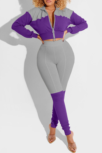 Violet Mode Casual Patchwork Cardigan Pantalon Col Rabattu Manches Longues Deux Pièces