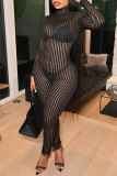 Black Fashion Sexy Striped See-through Turtleneck Jumpsuits