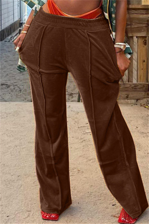 Темно-коричневые модные повседневные однотонные базовые обычные однотонные брюки средней талии со средней посадкой