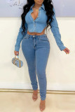 Giacca di jeans regolare a maniche lunghe con colletto rovesciato senza schienale con fasciatura solida casual sexy azzurra