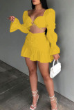 Yellow Sexy Casual Solid Patchwork V Neck Long Sleeve Two Pieces