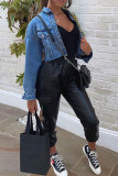 Голубая модная повседневная джинсовая куртка с длинными рукавами и отложным воротником в стиле пэчворк с принтом