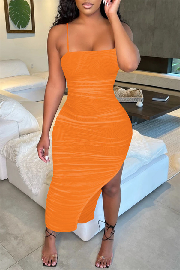 Оранжевое сексуальное однотонное прозрачное сетчатое платье с открытой спиной и разрезом на тонких бретелях