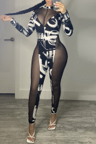 Macacão skinny com estampa de patchwork preto fashion sexy transparente meia gola alta