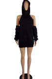 Black Sexy Solid Hollowed Out Patchwork Asymmetrical Zipper Hooded Collar Long Sleeve Dresses
