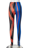 Orangefarbene, sexy Patchwork-Hose mit geometrischem Muster und hoher Taille
