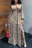 Camel Fashion Sexy Print Hollowed Out V Neck Long Sleeve Dresses