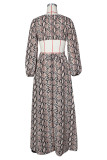Camel Fashion Sexy Print Hollowed Out V Neck Long Sleeve Dresses