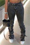Graue, modische, lässige, feste Schlitzfalte mit hoher Taille und normaler Denim-Jeans