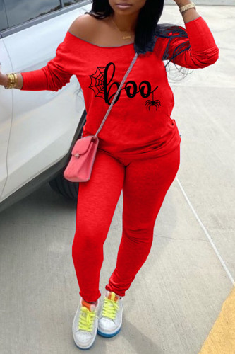 Red Casual Print Patchwork Off the Shoulder Long Sleeve Two Pieces