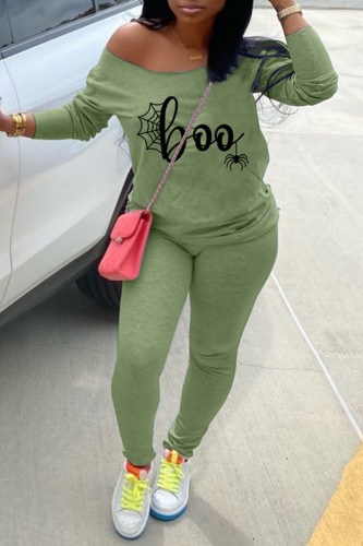 Green Casual Print Patchwork Off the Shoulder Long Sleeve Two Pieces