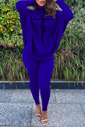 Blue Casual Letter Print Asymmetrical Turtleneck Long Sleeve Two Pieces