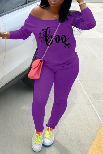 Purple Casual Print Patchwork Off the Shoulder Long Sleeve Two Pieces