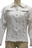 Белая повседневная однотонная рваная прямая джинсовая куртка с длинным рукавом с длинным рукавом