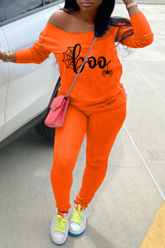 Tangerine Casual Print Patchwork Off the Shoulder Long Sleeve Two Pieces