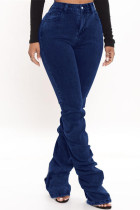 Dark Blue Fashion Casual Solid Fold High Waist Regular Stacked Pants Denim Jeans