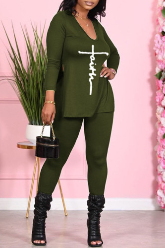 Army Green Casual Print Patchwork O Neck Sleeveless Two Pieces