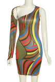 Colour Fashion Sexy Print Asymmetrical Oblique Collar Long Sleeve Dresses