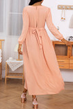 Orange-rosa, lässige, elegante, solide Patchwork-Kleider mit O-Ausschnitt und A-Linie