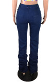 Dark Blue Fashion Casual Solid Fold High Waist Regular Denim Jeans