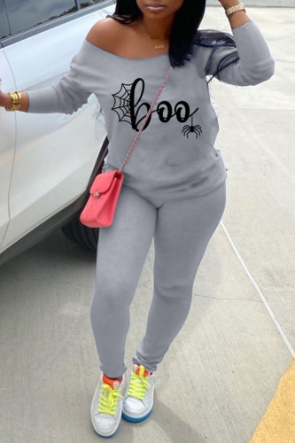 Grey Casual Print Patchwork Off the Shoulder Long Sleeve Two Pieces