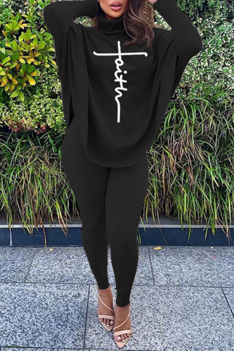 Black Casual Letter Print Asymmetrical Turtleneck Long Sleeve Two Pieces