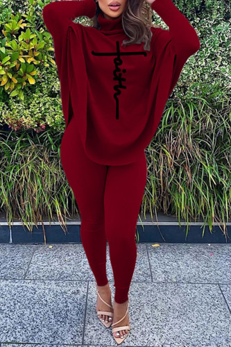 Burgundy Casual Letter Print Asymmetrical Turtleneck Long Sleeve Two Pieces