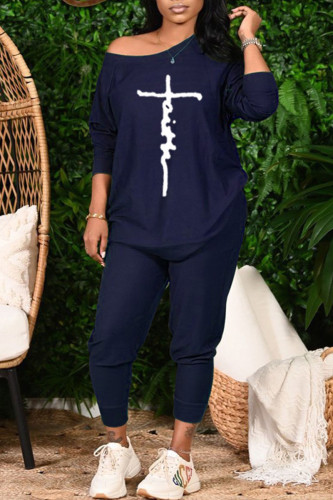 Blue Casual Print Patchwork O Neck Long Sleeve Two Pieces