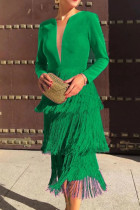 Vestidos de saia lápis verde sexy elegante sólido com borla patchwork com decote em V