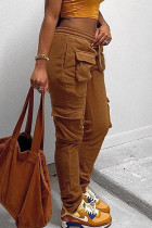Коричневый Street Однотонный лоскутный карман Прямые прямые брюки с завышенной талией в стиле пэчворк