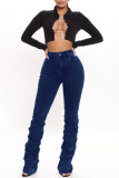 Jeans jeans azul escuro fashion casual com dobra sólida cintura alta