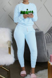 Light Blue Casual Print Patchwork Fold O Neck Long Sleeve Two Pieces