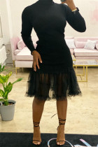 Zwarte mode-casual effen patchwork-jurken met col en lange mouwen