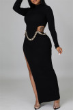 Черные модные сексуальные однотонные платья с вырезом и круглым вырезом с длинными рукавами (без поясной цепочки)