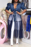 ブルーファッションカジュアルプラスサイズパッチワークメッシュターンダウンカラー半袖ドレス