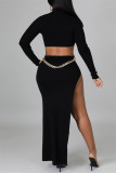 Черные модные сексуальные однотонные платья с вырезом и круглым вырезом с длинными рукавами (без поясной цепочки)