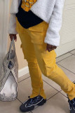 Желтый Street Однотонный лоскутный карман Прямые брюки с высокой талией в стиле пэчворк