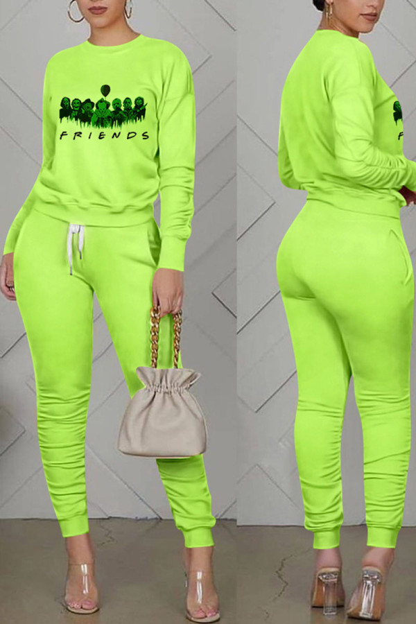 Fluorescent Green Casual Print Patchwork Fold O Neck Long Sleeve Two Pieces